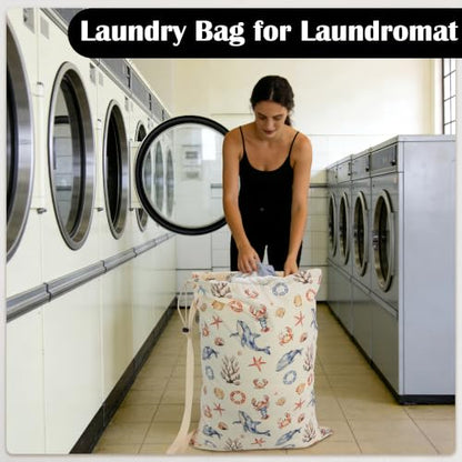 Canvas Laundry Bag with Shoulder Strap & Drawstring,23"W x 29"H Ocean Life - color: Ocean Wanderer