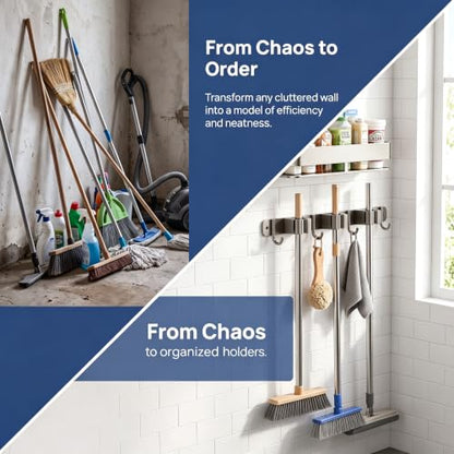 Broom Holder Wall Mount, Heavy Duty Mop Organizer with Shelf, Anti-Slip Grippers & Hooks for Laundry Room Garage Utility Closet（16inches） - color: 16inch