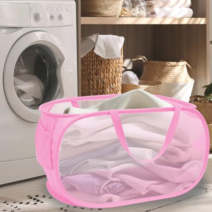 Collapsible Laundry Hamper Basket,Pop Up Mesh Foldable Bag for Laundry Room - color: Pink