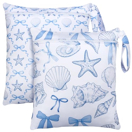 Sanwuta 2 Pack Wet Dry Bags Waterproof Wet Bag, Sea Shells, Blue and White - color: Blue and White, style: Sea Shells
