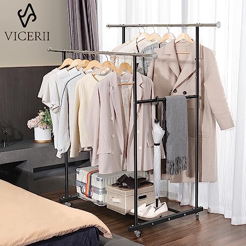 VICERII Clothes Rack, Double Clothing Rack with Wheels and Extra Wide Bottom Shelf, 52.36’’ Heavy Duty Garment Racks for Hanging Clothes, Coats, Shirts, Skirts, Dresses, 130LB Capacity, Black - color: Matte Black, size: Double