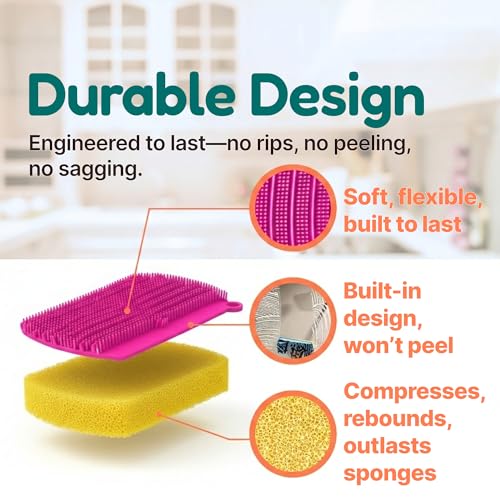 3-in-1 Silicone Scrubber Sponge with Squeegee – Non-Scratch Kitchen Sponge for Dishes, Sink & Bathroom, Quick-Dry, Reusable Cleaning Tool (Teal +Yellow) - color: Teal +Yellow