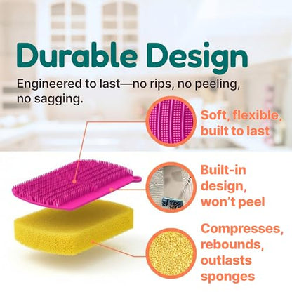 3-in-1 Silicone Scrubber Sponge with Squeegee – Non-Scratch Kitchen Sponge for Dishes, Sink & Bathroom, Quick-Dry, Reusable Cleaning Tool (Teal +Yellow) - color: Teal +Yellow