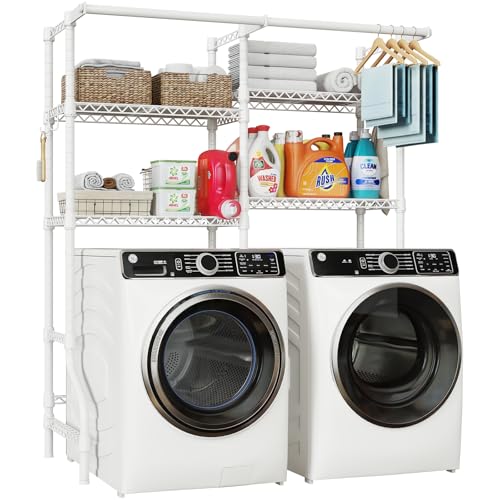 ULIFHOME U14 Over Washer and Dryer Storage Shelves, 4 Tiers Laundry Room Storage and Organizer System, Space Saving Clothes Drying Rack with 2 Clothes Hanger Rods, 66.5" W x 20.5" D x 77.4" H, White - color: White, size: Standard
