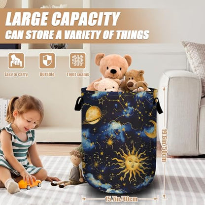 Sun Moon Laundry Basket, Foldable Cloudy Starry Night Laundry Hamper Tote Bag Dirty Clothes Storage Bucket Organizer for Bathroom/Laundry/Bedroom 15.7"x19.6" - color: Beautiful Sun Stars Moon