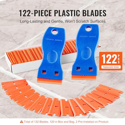 VEVOR 2PCS Razor Blade Scraper,Plastic Scraper Tool with 120PCS Plastic Blades,Cleaning Scraper Remover for Stickers,Decals,Adhesive,Labels,Paint from Glass, Car,Window,Caulk,No Scratches,Blue - style: Plastic blades