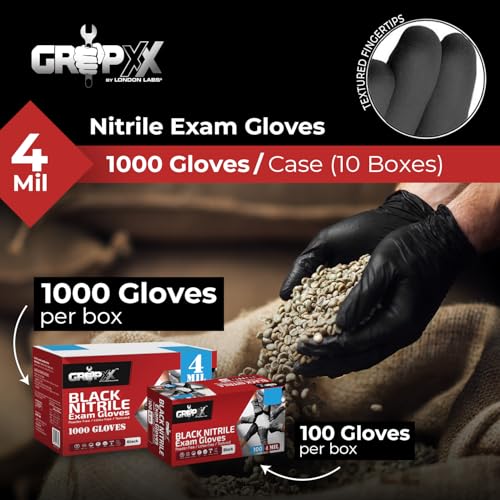 London Labs Black Nitrile Gloves Disposable Latex Free & Powder Free, 4 Mil Rubber Glove, Cleaning, Cooking, Mechanic(XS-XXL) - color: 1000 Count, size: X-Small