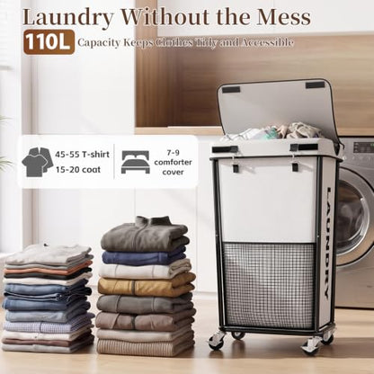 Laundry Hamper with Wheels and Lid, 110L Large Rolling Laundry Basket White - color: White, size: 110L