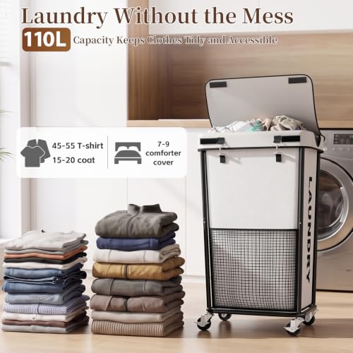 Laundry Hamper with Wheels and Lid, 110L Large Rolling Laundry Basket White - color: White, size: 110L