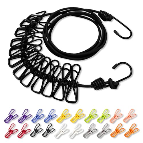Portable Adjustable Clothesline with Built‑in 12 Solid‑Color Clothespins & 20 Separate Colorful Clips, Laundry Line for Indoor Outdoor Travel Camping Hotel Use (Black) - color: Black & 20 Colorful Clips (Non‑windproof)