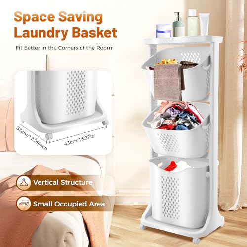Clothes Hamper 3 Tier Rolling with Top Shelf, PP Plastic Laundry Sorter with Wheels, 3 Section Basket Organizer with Lockable Wheels, Tall Storage Basket for Bedroom Bathroom