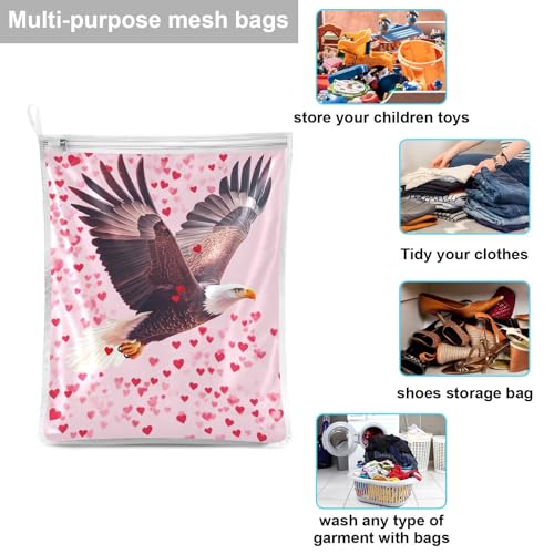 Mesh Laundry Bags Lingerie Bags for Washing Delicates 2 PCS Durable Wash Bag with Zipper Small and Medium Washable Bald Eagle and Pink Hearts - color: Bald Eagle and Pink Hearts