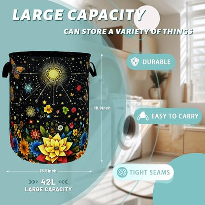 Colorful Flowers Butterfly Laundry Basket Oxford Cloth Hamper 18.9x16.5 In - color: Bright Flowers Butterfly With Moon