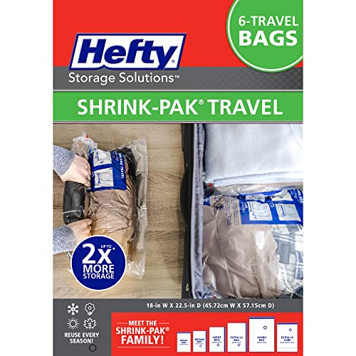 Hefty Shrink-Pak Large Travel Bags - Airtight Storage Bags for Maximum Space Saving, Travel Essentials, Ideal for Packing, Durable, Reliable Compression with Sealed Protection - size: 6 Large Travel Bags