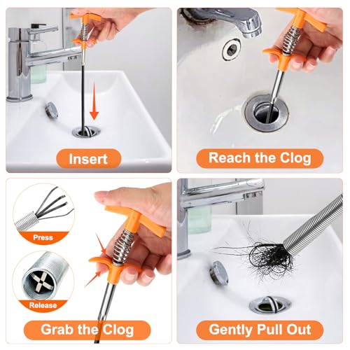 63 In Drain Snake Hair Drain Clog Remover Tool, Sink Drain Cleaner for Sewer Kitchen Bathroom Shower Tub Toilet Clogged Drains Opener Cleaning Tool, Flexible Grabber Claw Pick Up Reacher Tool