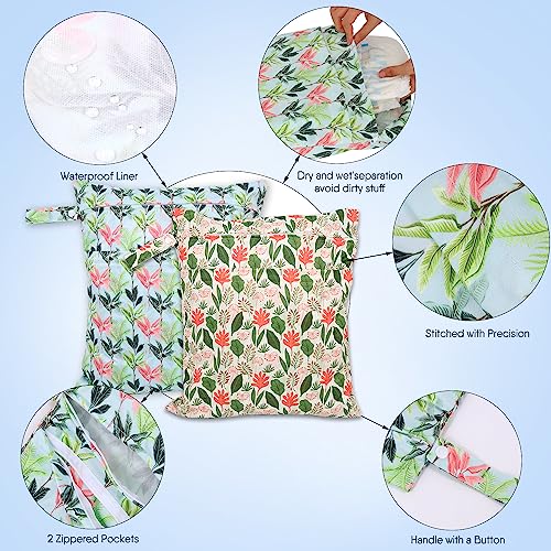 2pcs Travel Waterproof Laundry Bag, Cloth Diaper Wet Dry Bags with Handle & 2 Zipper Pockets, Reusable Washable Dirty Clothes Bag for Baby Adult Travelling Hanging, Bathing Beach Pool Daycare - color: Flowers & Plants