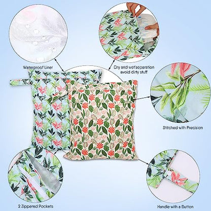 2pcs Travel Waterproof Laundry Bag, Cloth Diaper Wet Dry Bags with Handle & 2 Zipper Pockets, Reusable Washable Dirty Clothes Bag for Baby Adult Travelling Hanging, Bathing Beach Pool Daycare - color: Flowers & Plants