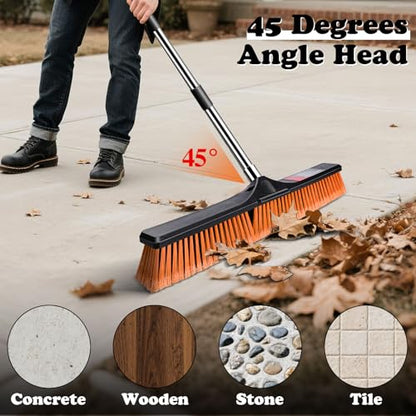 24" Push Broom Outdoor, Heavy Duty Garden Brush Broom with 58" Long Handle - color: Push Broom Orange
