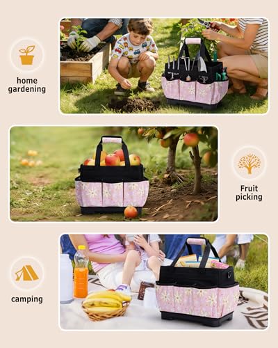 Marscamd Garden Tool Bag with Hard Bottom, Garden Tote with Shoulder Strap - color: Pink Sunflower