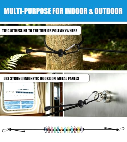 Travel Clothesline with Two Magnetic Hooks,Retractable Travel Laundry Drying Line,12 Clothes Clips Camping Clothesline for Cruise RV Camper Essentials,Backyard,Vacation Hotel etc - size: colorful
