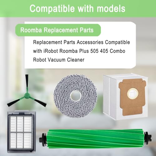 Replacement Parts Accessories Kit for iRobot Roomba Plus 505 Combo 405 Combo Robot Vacuum Cleaner, 2 Roller Brush, 6 Mop Pads, 6 Filters, 8 Side Brush, 8 Vacuum Bags - color: 2+6+6+8+8 Pack