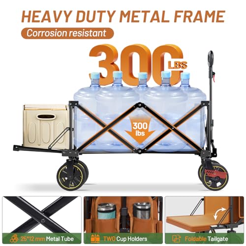 Timber Ridge 49" Extra Long Collapsible Folding Wagon with Tailgate&Brakes - color: Orange, size: 250L