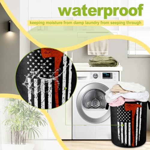 American Flag Red Line Ax Laundry Basket Foldable Waterproof 18.9x16.5 Inch - color: American Flag Red Line Ax