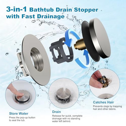 Hibbent 3 in 1 Metal Bathtub Drain Stopper, Universal Pop Up Tub Stopper - color: Brushed Nickel