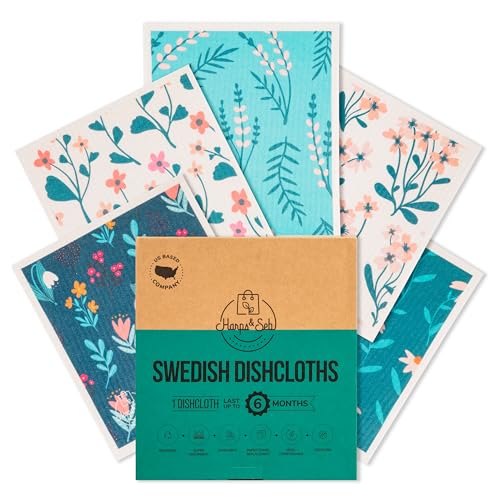 Harps&Seb Swedish Dishcloths for Kitchen Dish Towels - 5 Pack, Non-Scratch Reusable Paper Towels, Super Absorbent Washable Swedish Dish Cloths, No Odor, Biodegradable, Flower Designs - color: Willow Bloom, style: 5 Pack