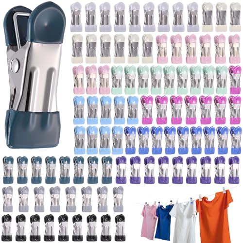 99 Pcs Heavy Duty Clothes Pins 11 Colors Metal Clothespins for Photo Display 2.17 Inch Stainless Steel Chip Bag Clips with Rubber for Laundry Clothesline, Kitchen Food Sealing, Office Paper