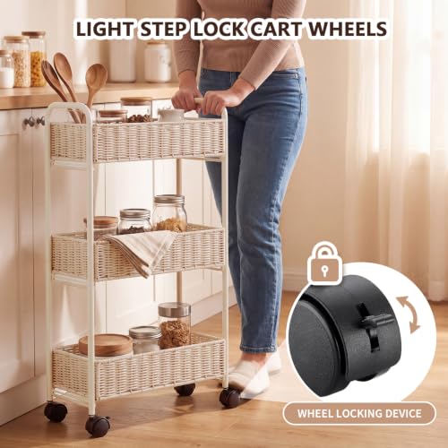 FOCHIER F Utility Slim Storage Cart,3-Tier Rolling Kitchen Office Laundry Room Cart with Wheels,Mobile Shelving Unit Organizer for Living Room,Bathroom, Baby Diaper,Art,Dining Room Narrow Places - color: White Wash