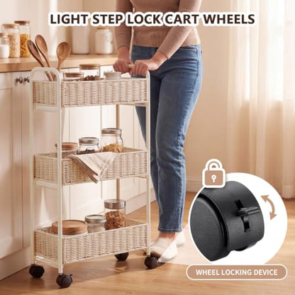 FOCHIER F Utility Slim Storage Cart,3-Tier Rolling Kitchen Office Laundry Room Cart with Wheels,Mobile Shelving Unit Organizer for Living Room,Bathroom, Baby Diaper,Art,Dining Room Narrow Places - color: White Wash