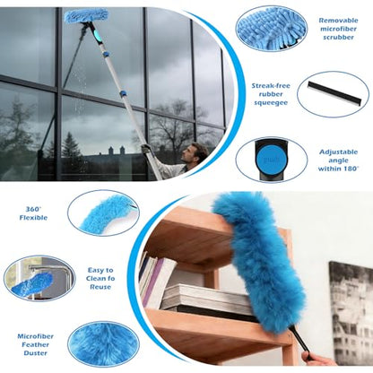 16FT Reach High Ceiling Duster Kits with 3-12FT Adjustable Pole - Includes Extra Long Duster, High Ceiling Duster, Rotatable Window Squeegee & Cobweb Duster for Ceiling Fans and Whole House Cleaning - color: Blue, size: 12FT