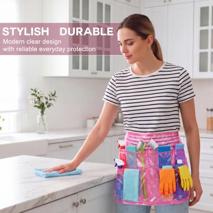 Clear Cleaning Apron with 5 Pockets and Adjustable Belt, Waterproof Caddy Aprons for Gardening Work of House Hotel - color: Pink