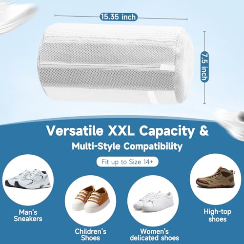 2PCS XXL Shoe Washing Machine Bag with Adjustable Shoes Trees - Heavy Duty Reusable Shoe Laundry Bag for Washer and Dryer - 360° Deep Clean & Protect Chenille Microfiber Sneakers Wash Bags - White - color: White