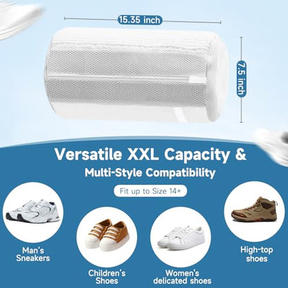 2PCS XXL Shoe Washing Machine Bag with Adjustable Shoes Trees - Heavy Duty Reusable Shoe Laundry Bag for Washer and Dryer - 360° Deep Clean & Protect Chenille Microfiber Sneakers Wash Bags - White - color: White