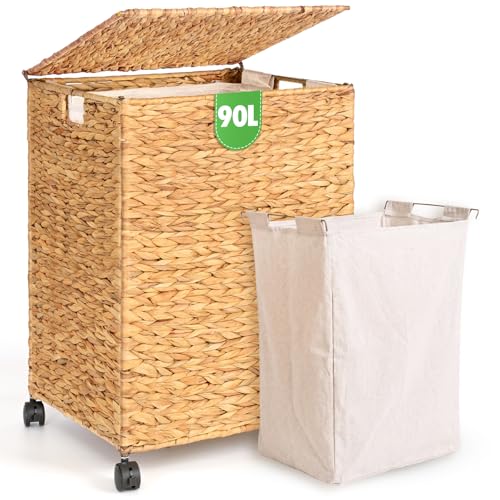 Livole Wicker Laundry Hamper with Lid & Wheel, Rattan Laundry Basket, 90L - color: Natural, size: 90L