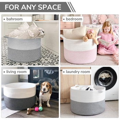 INDRESSME XXXLarge Woven Rope Blanket Basket Living Room Grey, 90L - color: Light & Dark Grey, size: 21.7"D x 13.8"H