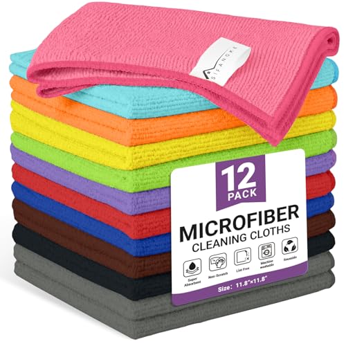12 Pack Microfiber Cleaning Cloth, 11 Assorted Colors Cleaning Rags for Housekeeping, Colorful Reusable Microfiber Towels for Car, Kitchen, Bathroom and Household Cleaning Supplies, 11.8"X11.8" - color: E.11 Assorted Colors, size: 1 Count (Pack of 12)