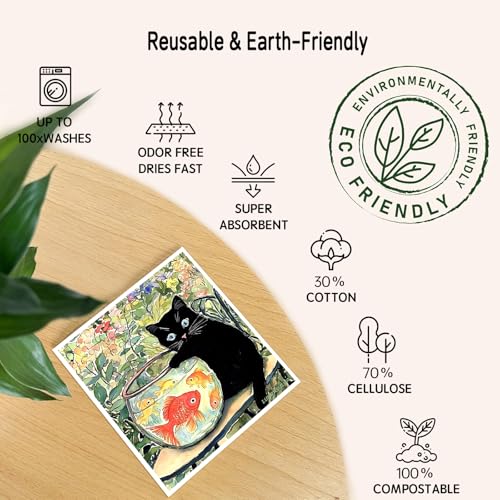 Swedish Dishcloths for Kitchen 6 Pack, Reusable Paper Towels Super Absorbent, Biodegradable Quick Drying Washable Dish Cloths Dishwasher Safe, Cleaning Cloths with WaterColor Design (Black Cat) - color: Blackcat Theme