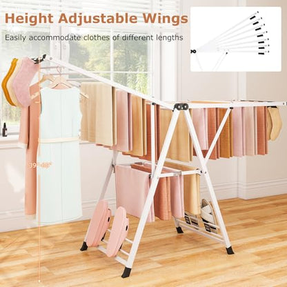GIANTEX Foldable Metal Clothes Drying Rack, 72.5" Height Adjustable Wings - color: White, size: 72.5"L x 39"-66"H