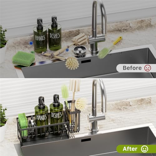 MASADI Kitchen Dish Soap Dispenser Set with Sponge Holder, 12OZ Glass Bottle, Hand and Dish Soap Dispenser Set, Non-Slip Silicone Pad, Brush Holder, Kitchen Sink Organizer Countertop (Black+Green) - color: Black+green