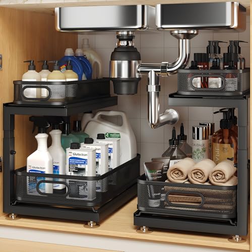 2-Pack Under Sink Storage Organizer with 2-Tier Slide Out Drawer, Sophisticated Mesh Pull Out Shelf for Kitchen & Bathroom, Fits Small Items, Upgraded Arched Track for Smooth Gliding(Patented) - color: Black, size: 2 Pack-15.4"Dx11.8"-16.5"H