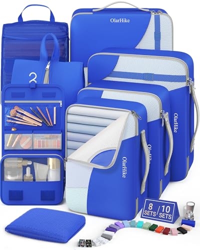 OlarHike Packing Cubes for Travel,Gifts for Women Mom,Anti-Tearing Suitcase Organizer for Luggage with Shoe & Hanging Toiletry Bag,Vacation Essentials & Accessories for Cruise Ship,8 Set,Blue - color: 12 Blue