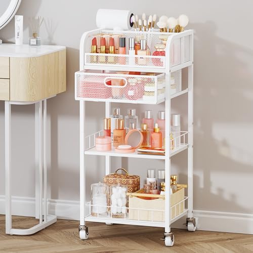 HapiRm Makeup Organizer Storage Cart - 4 Tier Skincare Make Up Storage with Drawer, Rolling Makeup Cart Vanity Organizer Cosmetics Display Cases Holder for Skin Care Perfume Nail Polish Brush - color: White+Wood