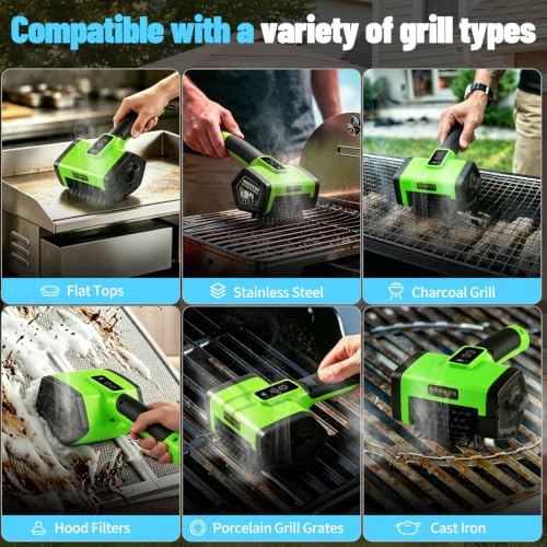 Electric Grill Brush,2-Speed Rechargeable BBQ Grill Cleaner, up to 160 min Runtime, 304 Stainless Steel Brush, LED Light, 2 Brush Heads Included, Most Outdoor Grill Grates - color: Green
