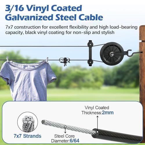 Outdoor Clothesline Kit, Black Clothes Line Pulley Kit Heavy Duty - size: 150FT Black