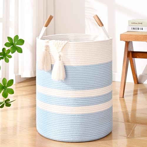 Large Laundry Basket, Laundry Hamper with Leather Handles, 60L Woven Dirty Clothes Hamper, Rope Hampers for Bedroom, Barthroom, Blue - color: Blue & White, size: 60L