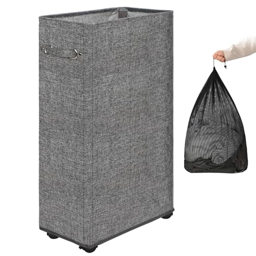 DOKEHOM 70L Enlarged Slim Rolling Laundry Basket Hamper on Wheels, Grey - color: Linen Grey/L, size: 70L/Slim