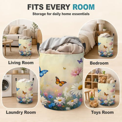Daisy Butterfly Collapsible Laundry Hamper,Spring Flowers Waterproof Oxford Cloth Clothes Basket with Handles for Bathroom Bedroom Nursery Dorm Room,16" x 20" - color: Daisy Butterfly,Spring Flowers